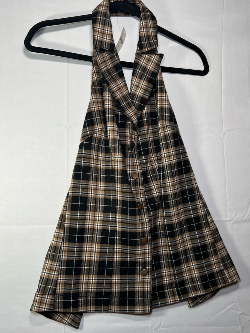 Pilcro Anthropologie Plaid Open Back Halter Vest Top Size S NWT Black Tan - Picture 4 of 16